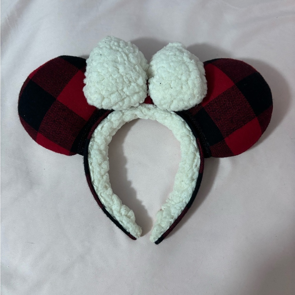 Winter Buffalo Plaid Mickey Ears Headband with Bow